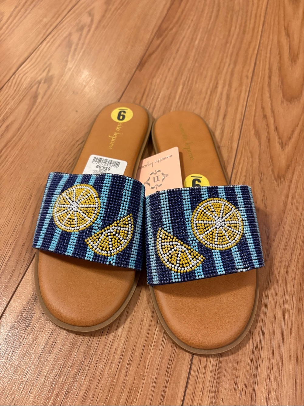 Beaded Lemon Slide Sandals in Navy and Tan